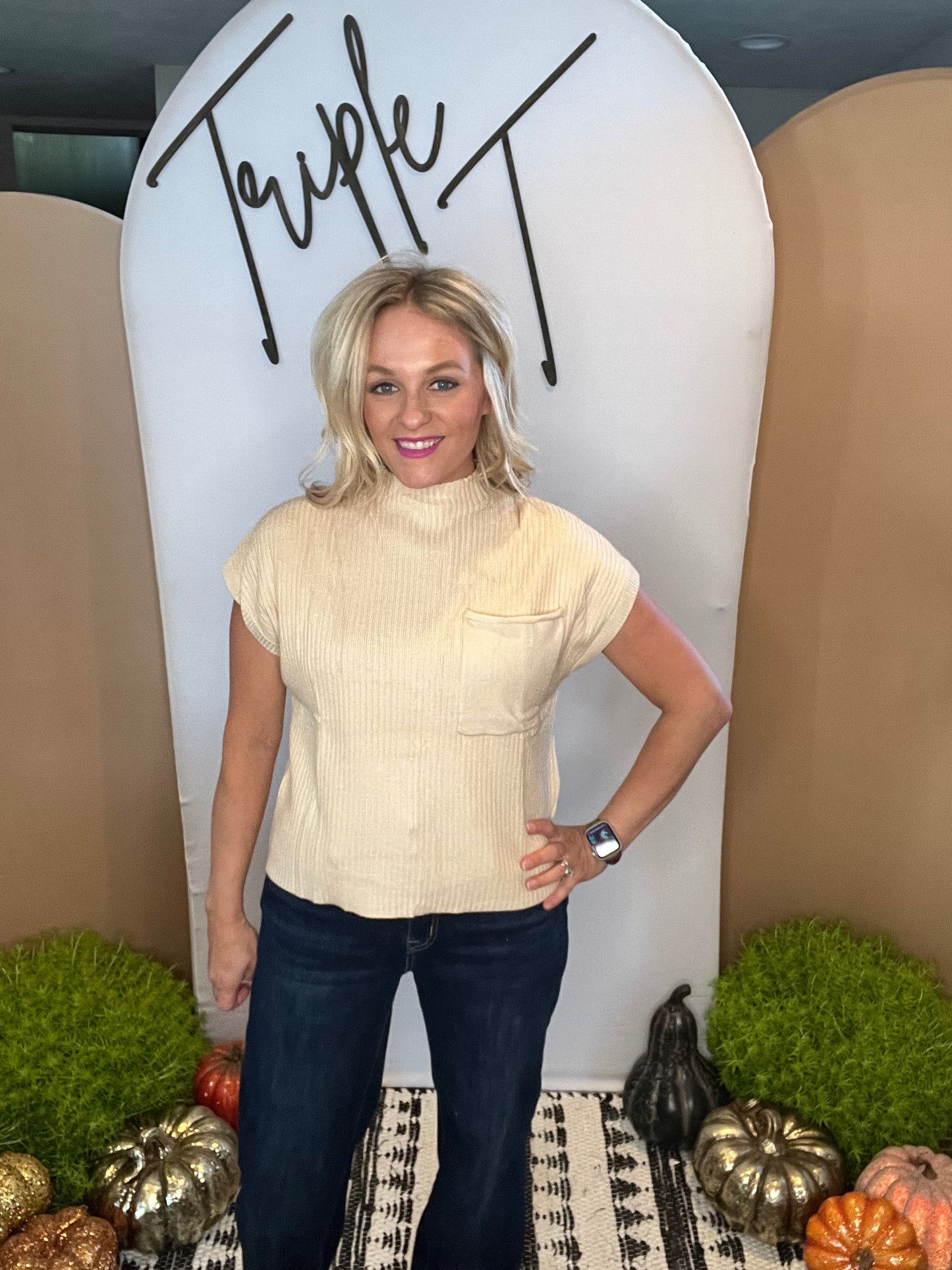 Patch Pocket Knit Short Sleeve Sweater