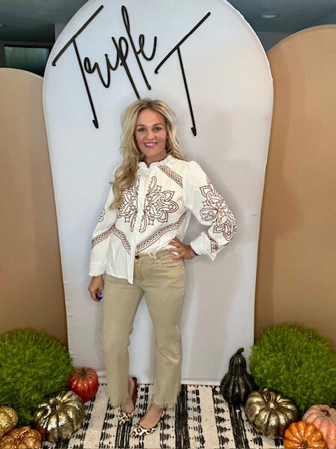 Embroidered Mock Neck Button Up