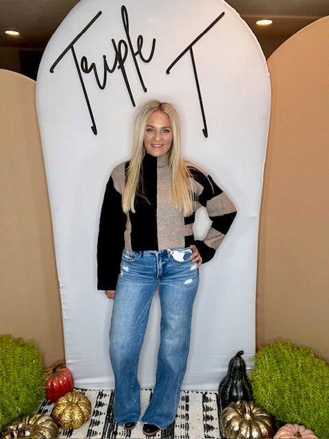 Color Block Mock Turtleneck Sweater