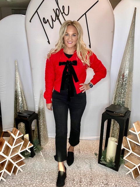 Red Cable Knit Velvet Bows