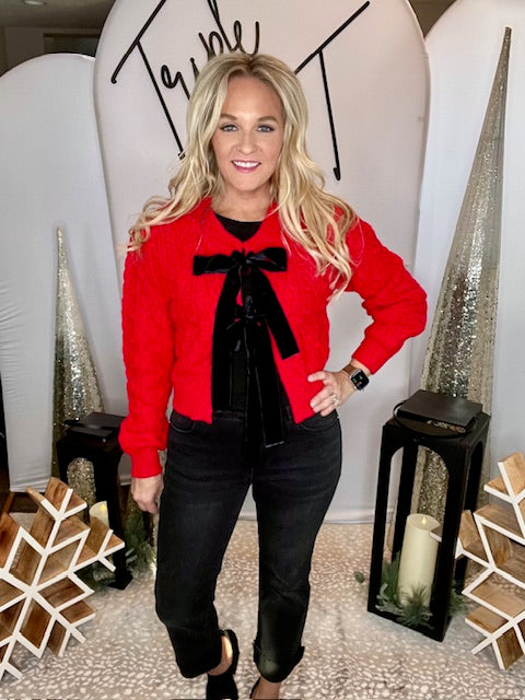 Red Cable Knit Velvet Bows