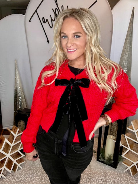Red Cable Knit Velvet Bows