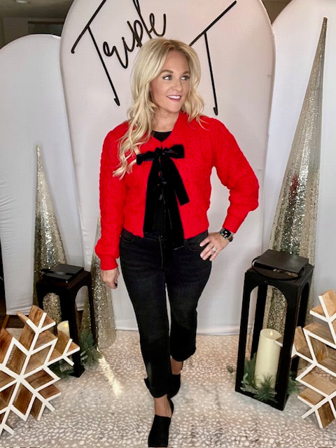 Red Cable Knit Velvet Bows