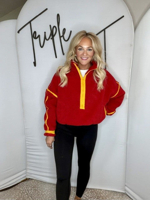 Red & Coral Fleece Zipper Pocket Pullover