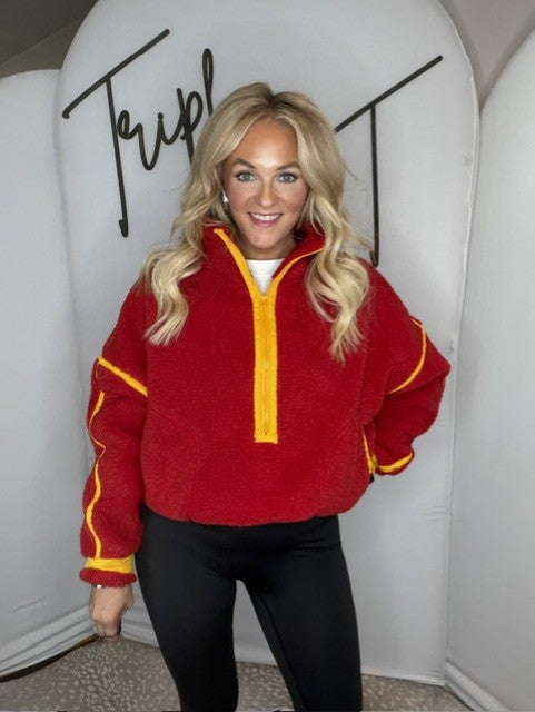 Red & Coral Fleece Zipper Pocket Pullover