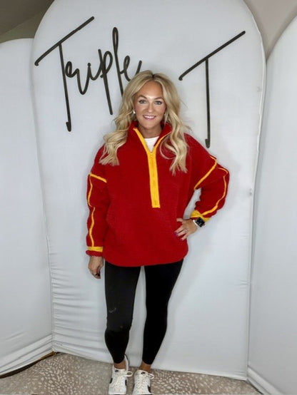 Red & Coral Fleece Zipper Pocket Pullover