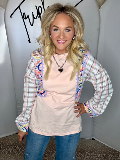 Floral Plaid Patchwork Puff Sleeve