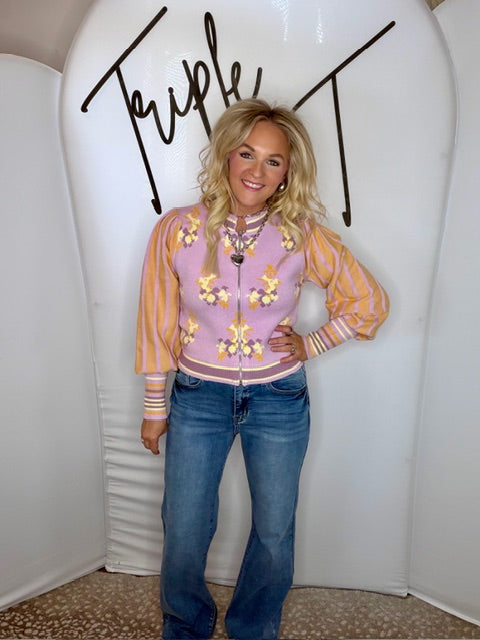 Floral Sweater Bomber Jacket