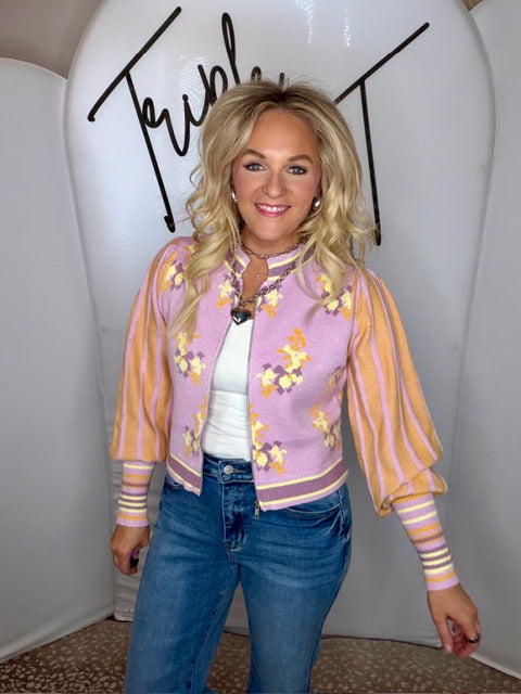 Floral Sweater Bomber Jacket