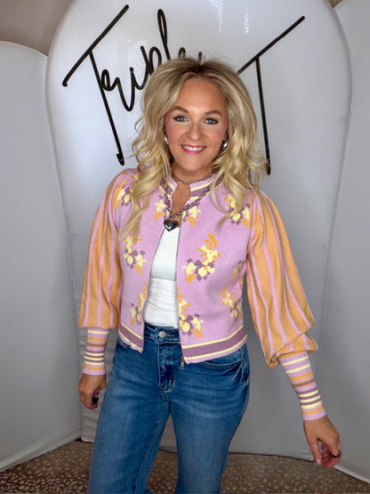 Floral Sweater Bomber Jacket