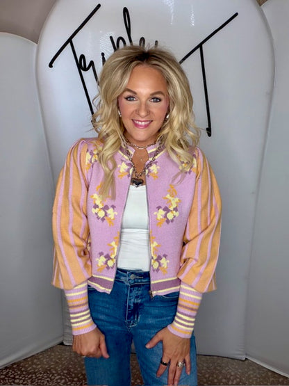 Floral Sweater Bomber Jacket