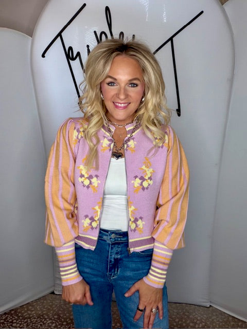 Floral Sweater Bomber Jacket