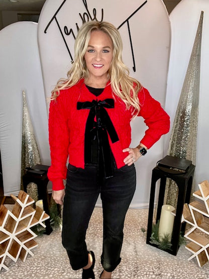 Red Cable Knit Velvet Bows